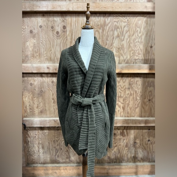 Halogen Cashmere Wool Crocheted Knit Wrap Cardigan – Olive Green Shawl Collar L - Picture 4 of 16